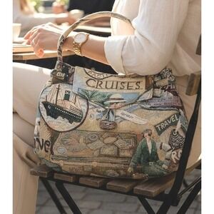 Vintage Travel Tapestry Shoulder Bag Bon Voyage Cruise Ship Nautical Tote Blue